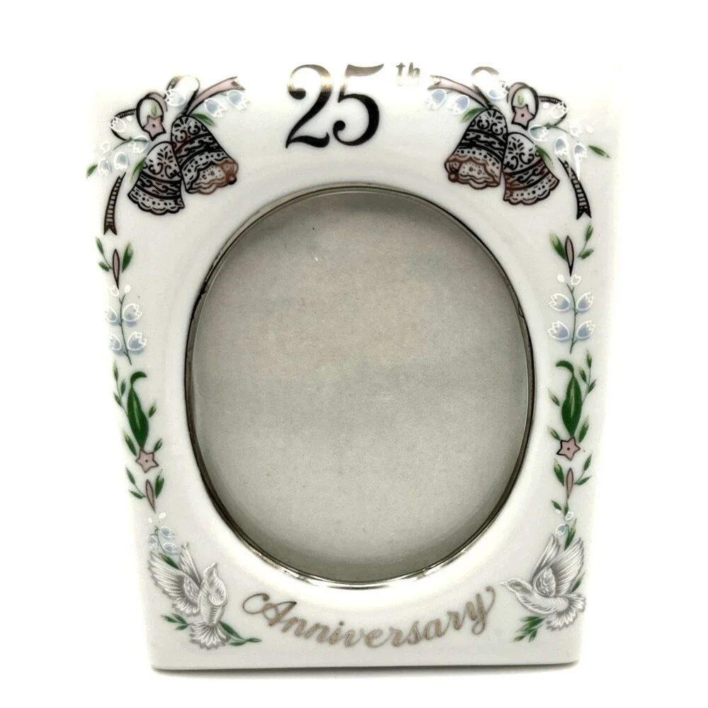 Small Vtg Lefton Hand Painted White Porcelain 25th Anniversary Picture Frame